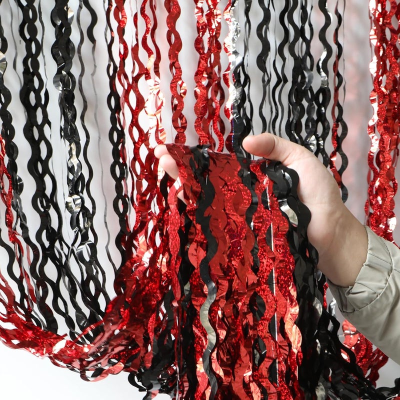 KEEUH 4 Pack Sparkle Red and Black Fringe Curtain - 3.3x6.6 Feet Tinsel Streamer for Birthday Decorations | Halloween Decorations | Casino Theme Party Decorations | Red Carpet - Image 1